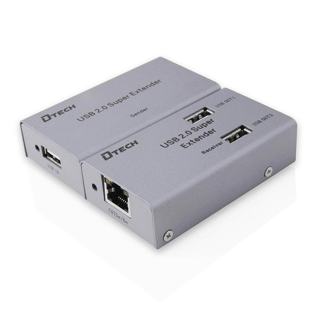 DTECH Multi USB Signal Extender Over Ethernet Cat5 Cat6 Cable up to 164 ft Extension with 4 Expansion USB A 2.0 Port Data Hub Power Supply Adapter for Computer Webcam Camera Hard Drive Keyboard Mouse