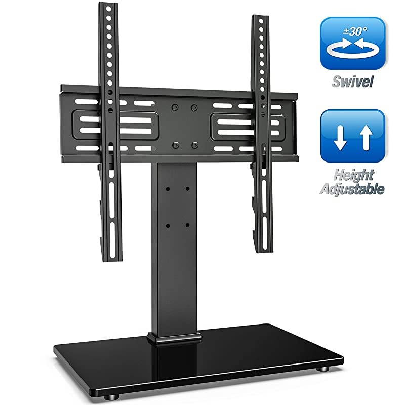 Universal Swivel TV Stand for 27-55 inch LCD LED TVs Height Adjustable TV Stand Base with Tempered Glass Table Top TV Stand in Living Room Holds Up to 88LBS VESA 400x400mm