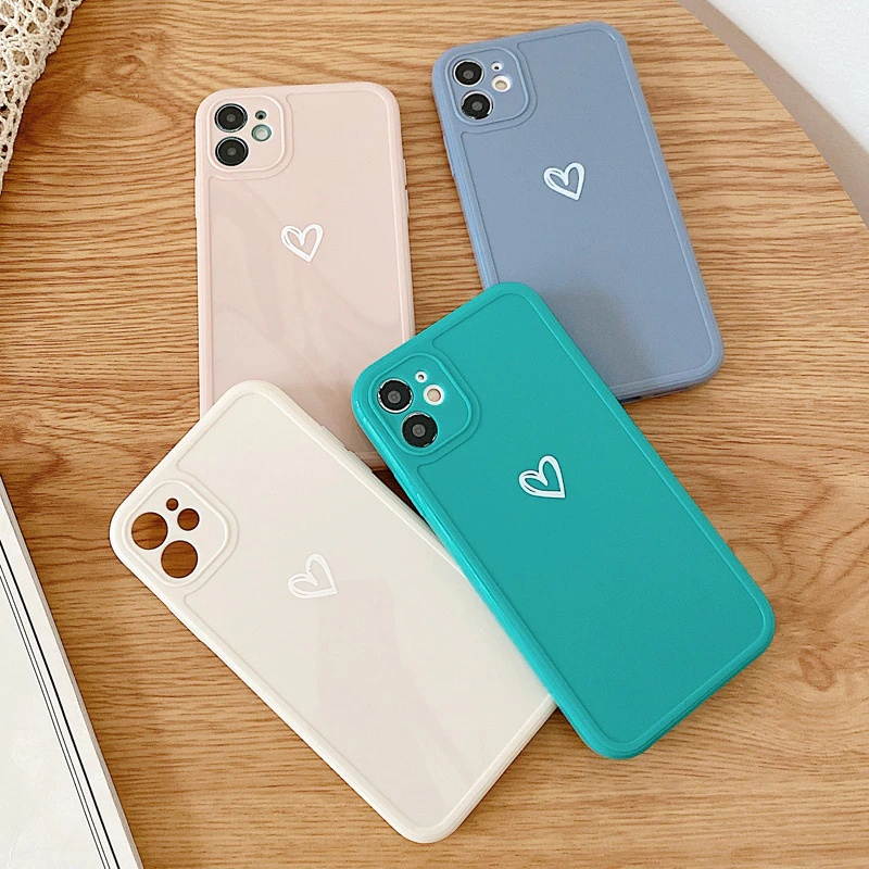 Love Heart Phone Case For iPhone 11 12 Pro Max 7 8 Plus X XR XS Max Candy Color Square Frame Back Cover For iPhone 7 8 Plus