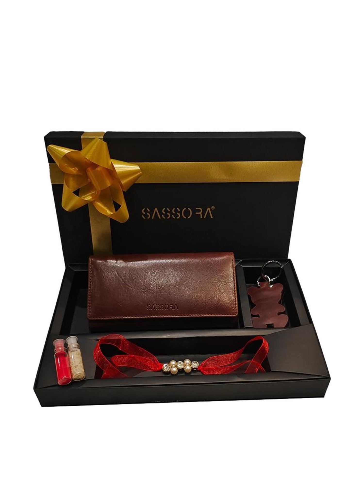 SASSORA Brown Solid Rfid Wallet, Keychain & Rakhi Combo Set
