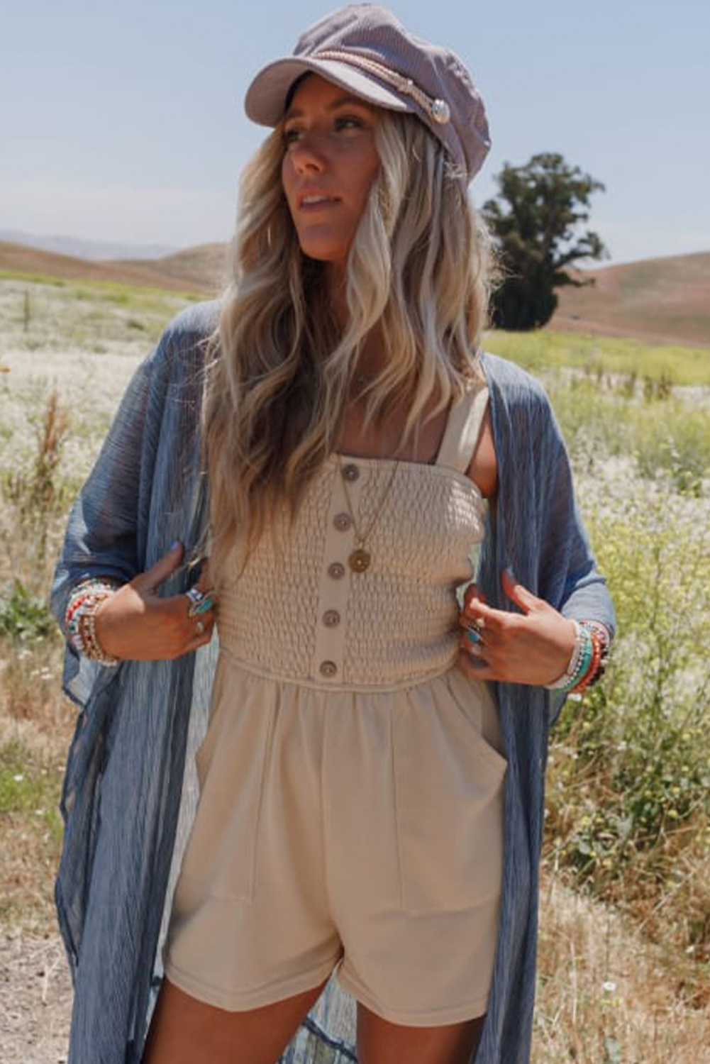 Dusk Blue Chest Pocket Front Buttoned Folded Edge Denim Short Sleeve Romper