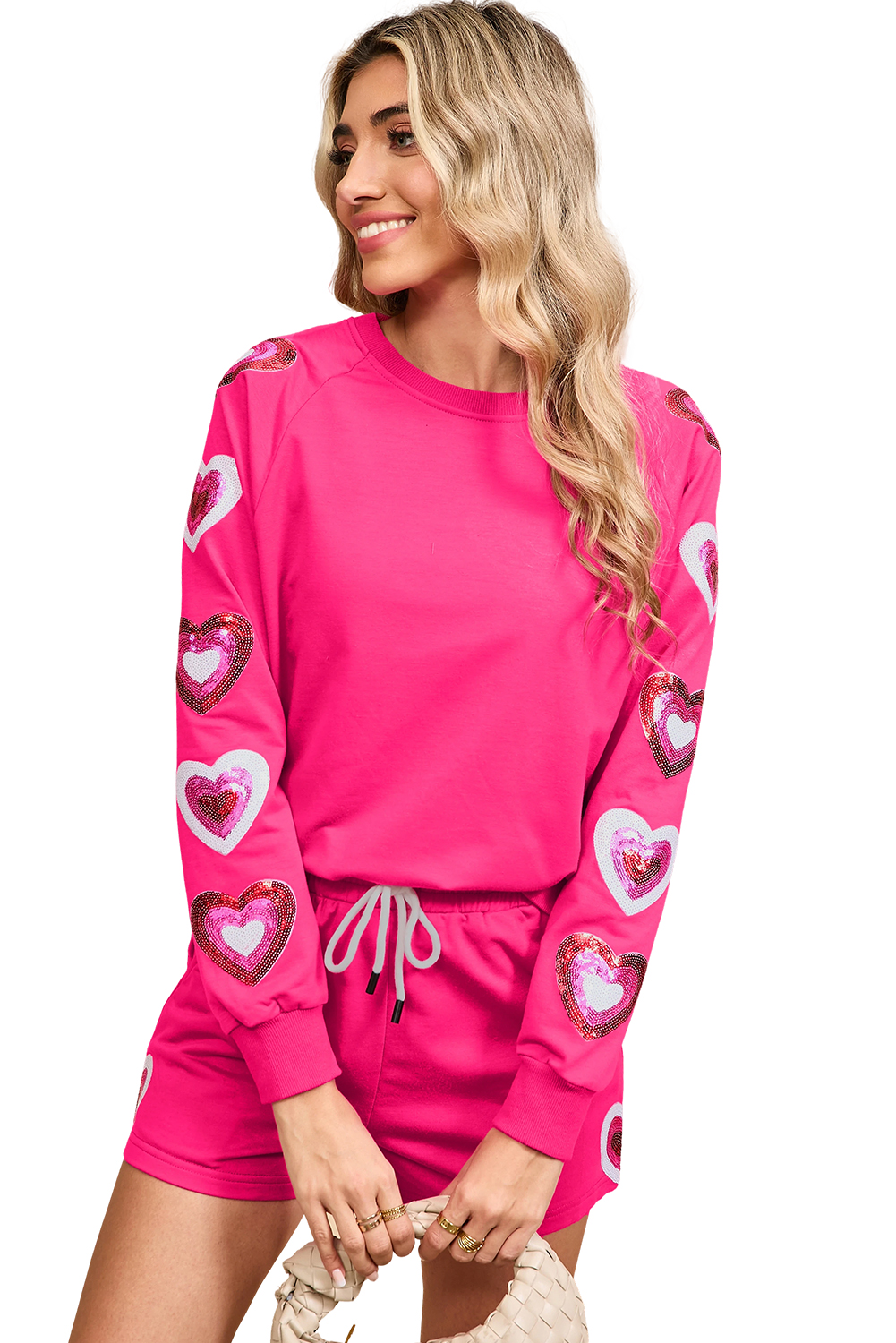 Rose Red Sequins Heart Top and Drawstring Shorts Set