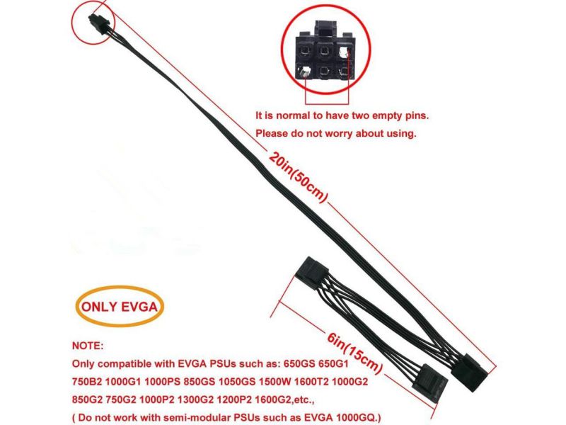 6 Pin to 3X 4 Pin Molex Hard Drive Power Adapter Cable for Some Types of EVGA Modular PSUs 20-in(50cm)