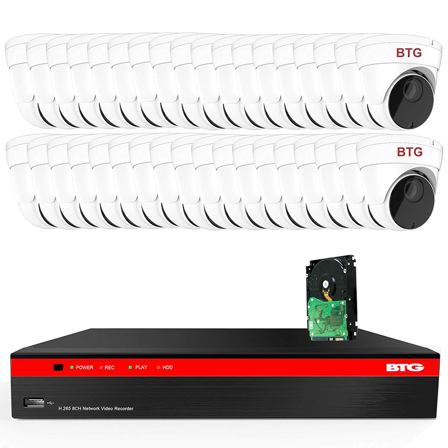 BTG 32CH 5MP Security Camera System Built-in PoE 8MP 4K NVR with Outdoor 5MP Surveillance IP PoE 32 x Dome Cameras HD 2592 x 1944 IR CCTV System H265 4TB HDD