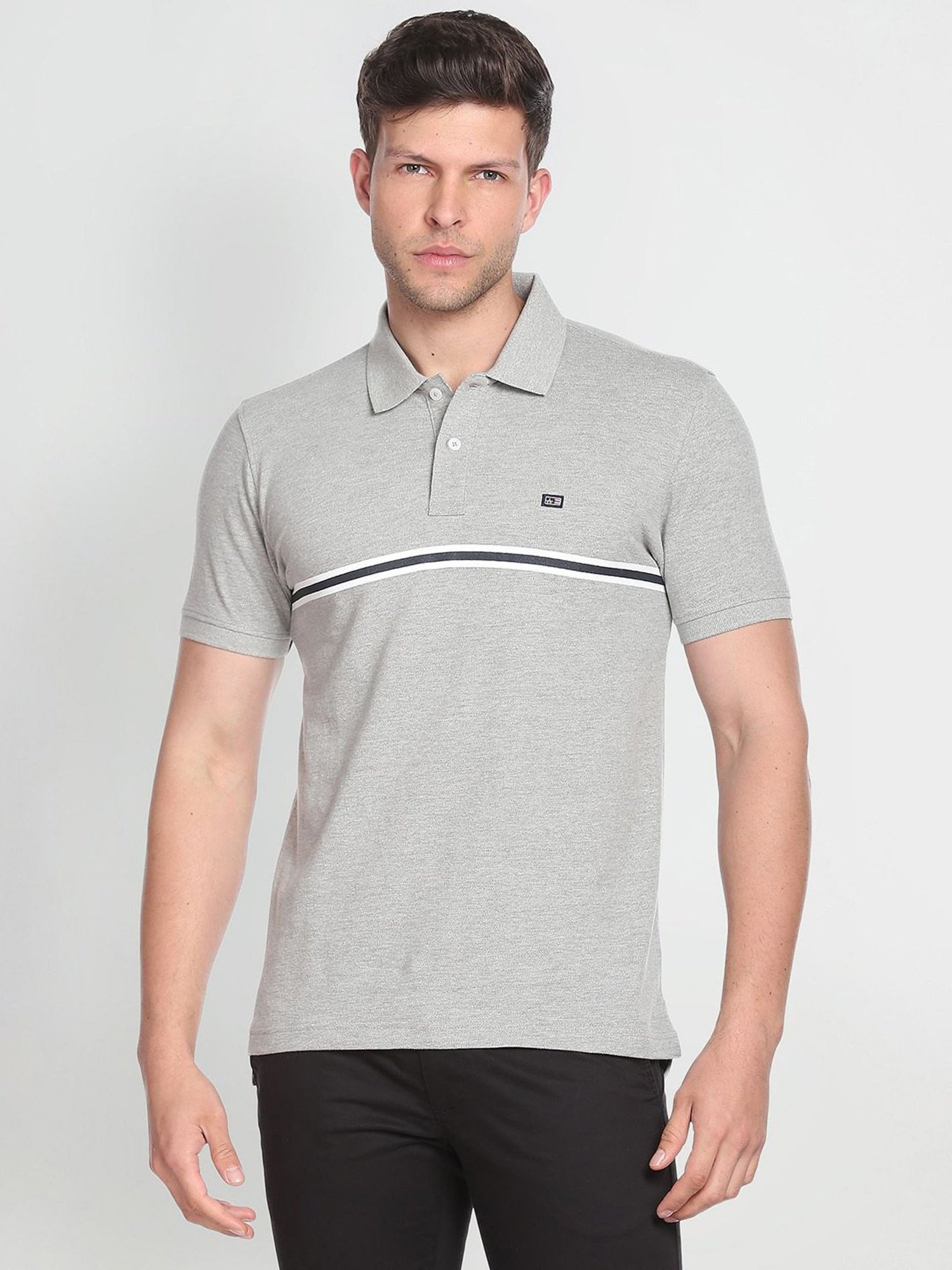 Arrow Sport Dark Grey Cotton Regular Fit Striped Polo T-Shirt