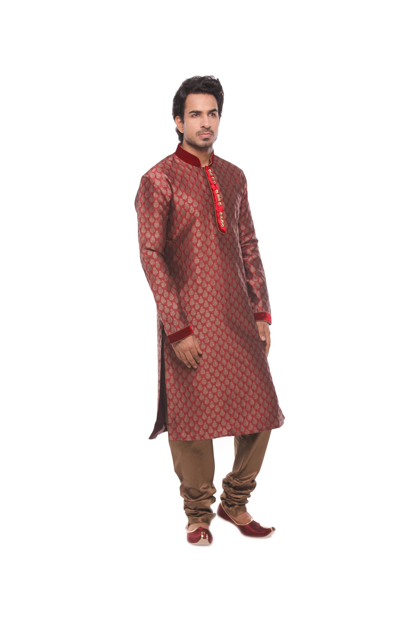 Manyavar Maroon Self Design Kurta & Churidar Set