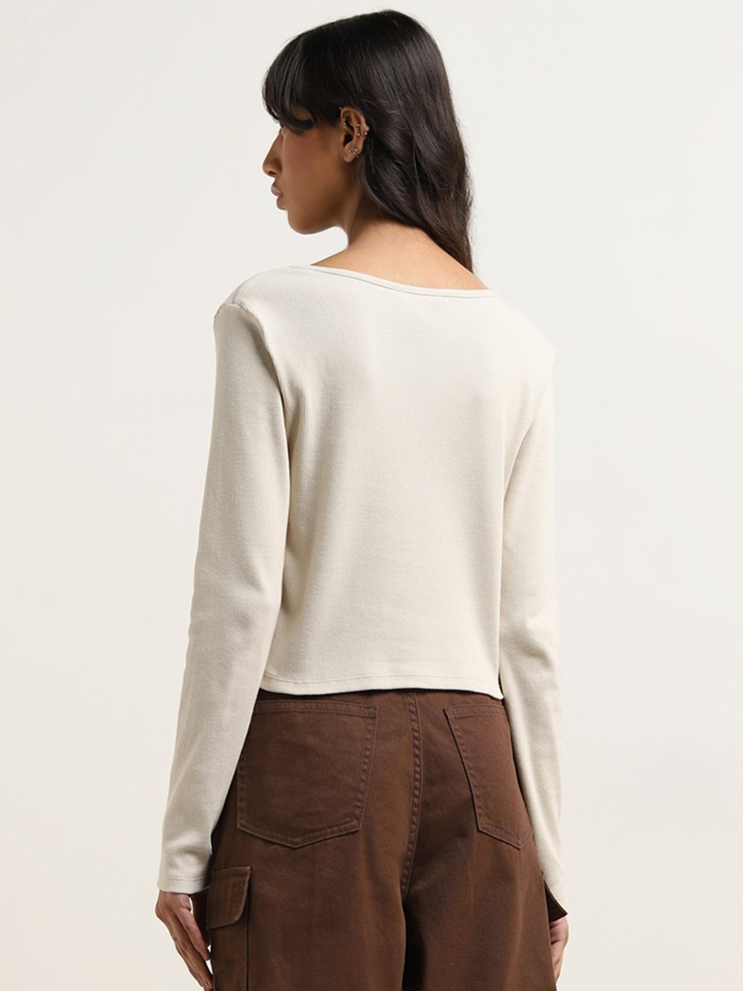 Nuon by Westside Beige Ribbed-Textured Cotton Blend Top