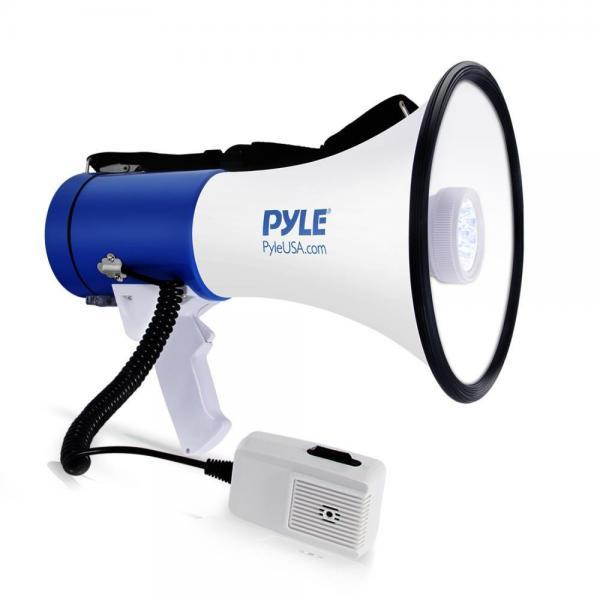 Pyle Portable Compact PA Megaphone Speaker w/ LED Flashlight, Alarm Siren, Adjustable Volume, 50W Handheld Lightweight Bullhorn w/ Detachable Mic, Battery Powered, For Indoor Outdoor Use (PMP51LT)