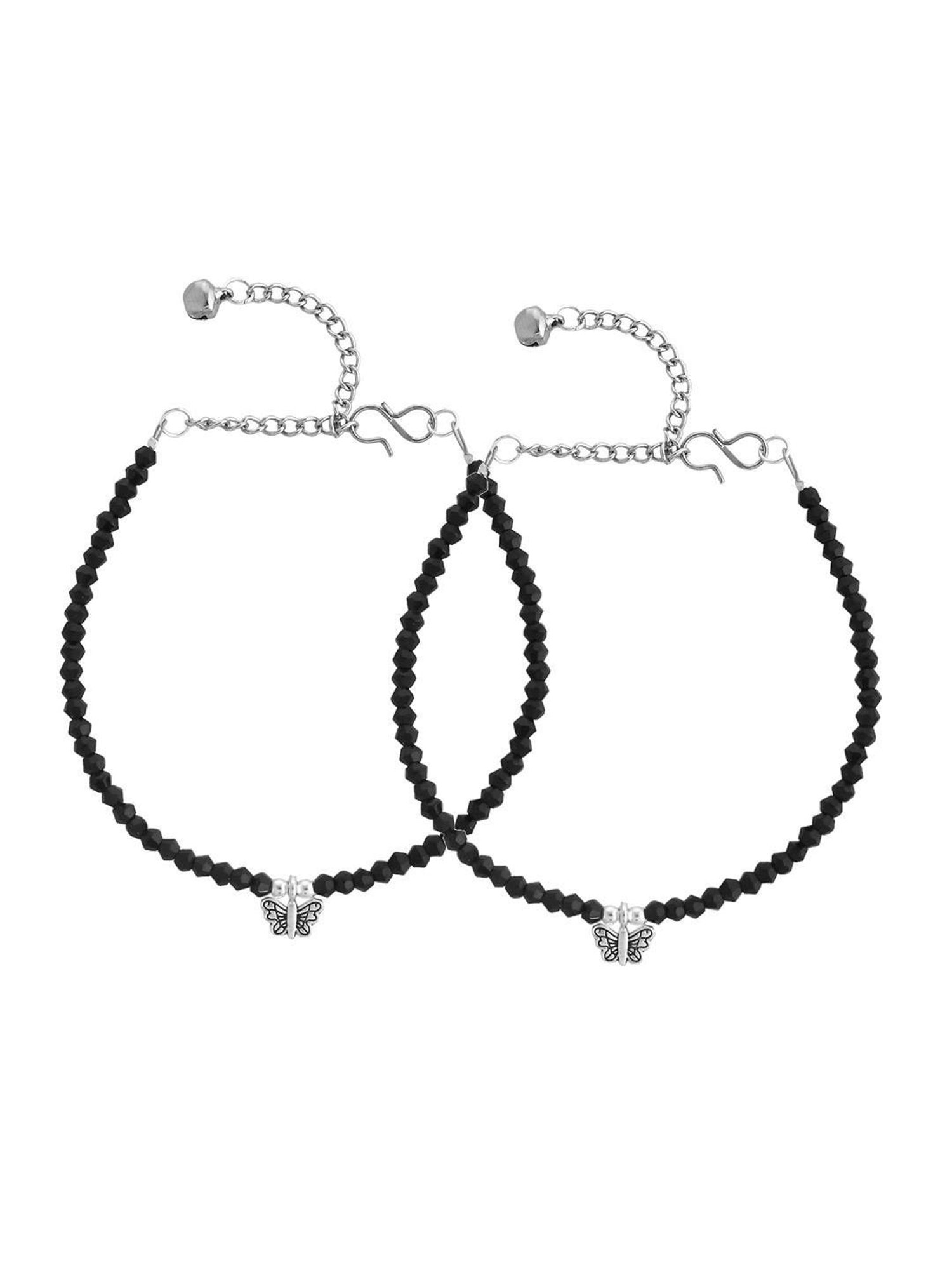VOJ Set of 2 Black beaded butterfly Anklet for Women
