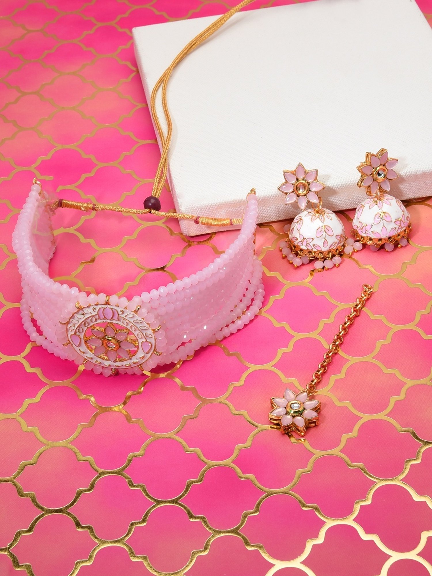 Zaveri Pearls Pink White Meenakari Crystal Multistrand Necklace Earring Maangtikka Set-ZPFK10274