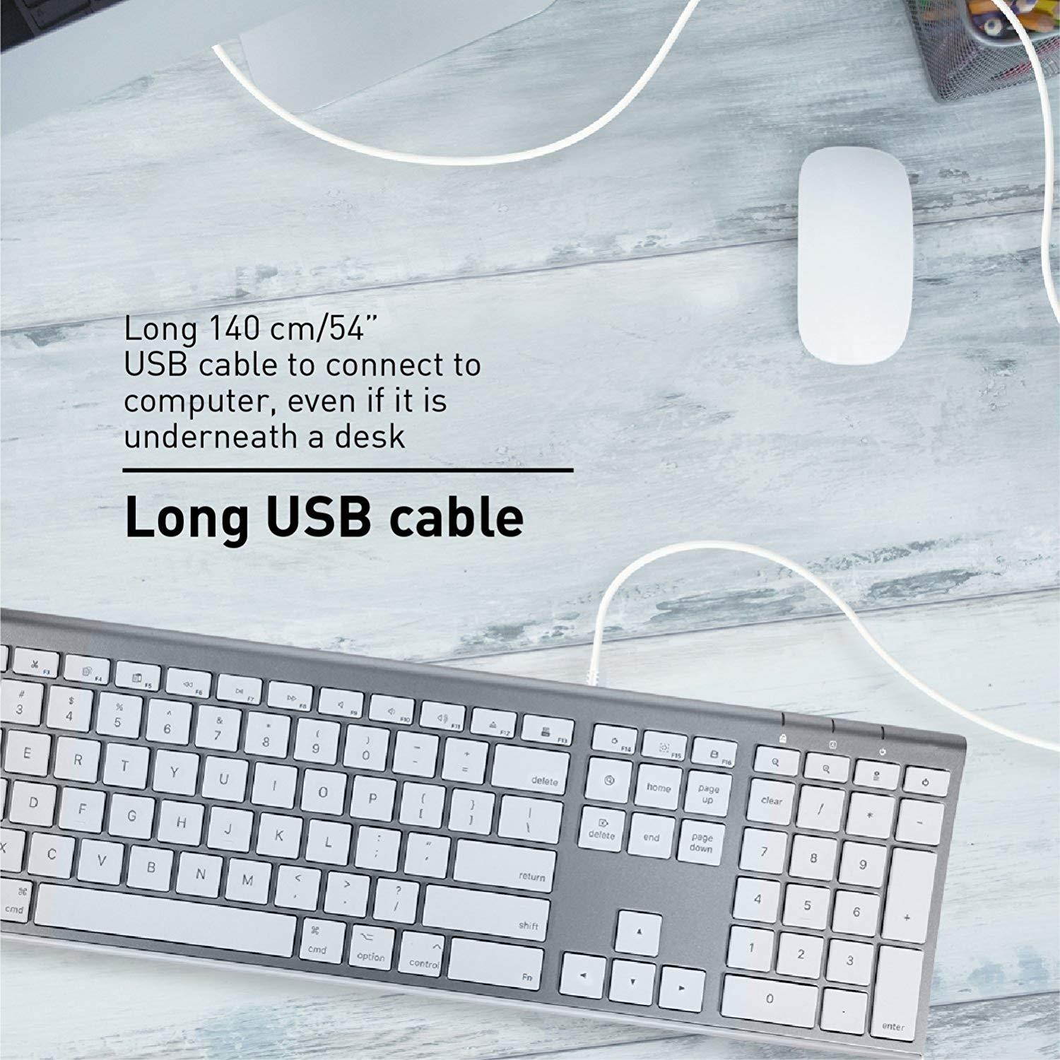 Macally Ultra-Slim USB Wired Computer Keyboard for Apple MacBook Pro/Air, iMac, Mac Mini, Mac Pro, Windows PC Laptops/Desktops and Notebooks | Plug and Play - No Drivers | Silver Finish (ACEKEYSG)