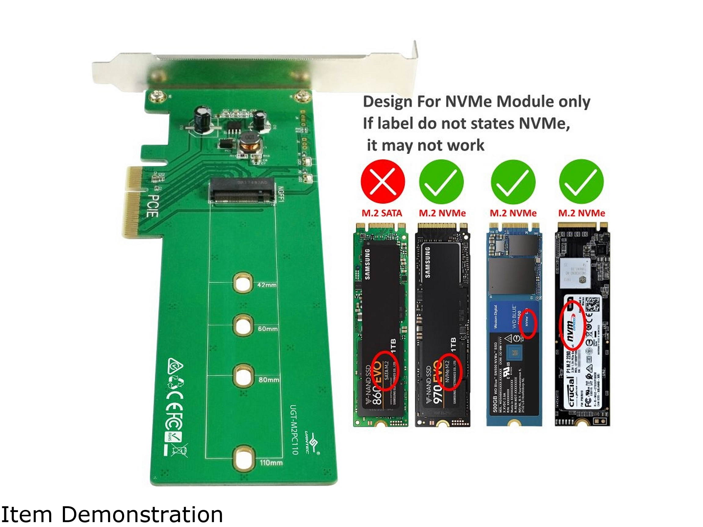 VANTEC UGT-M2PC110 M.2 NVMe PCIe X4 Adapter For Extra Long 110mm Module