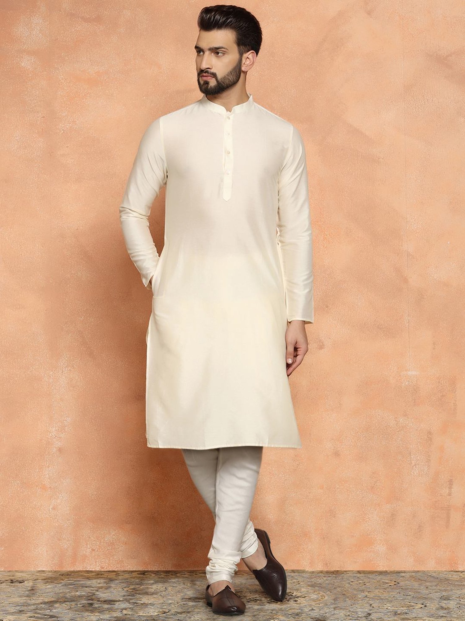 Kisah Beige & Green Regular Fit Jacquard Sherwani Set