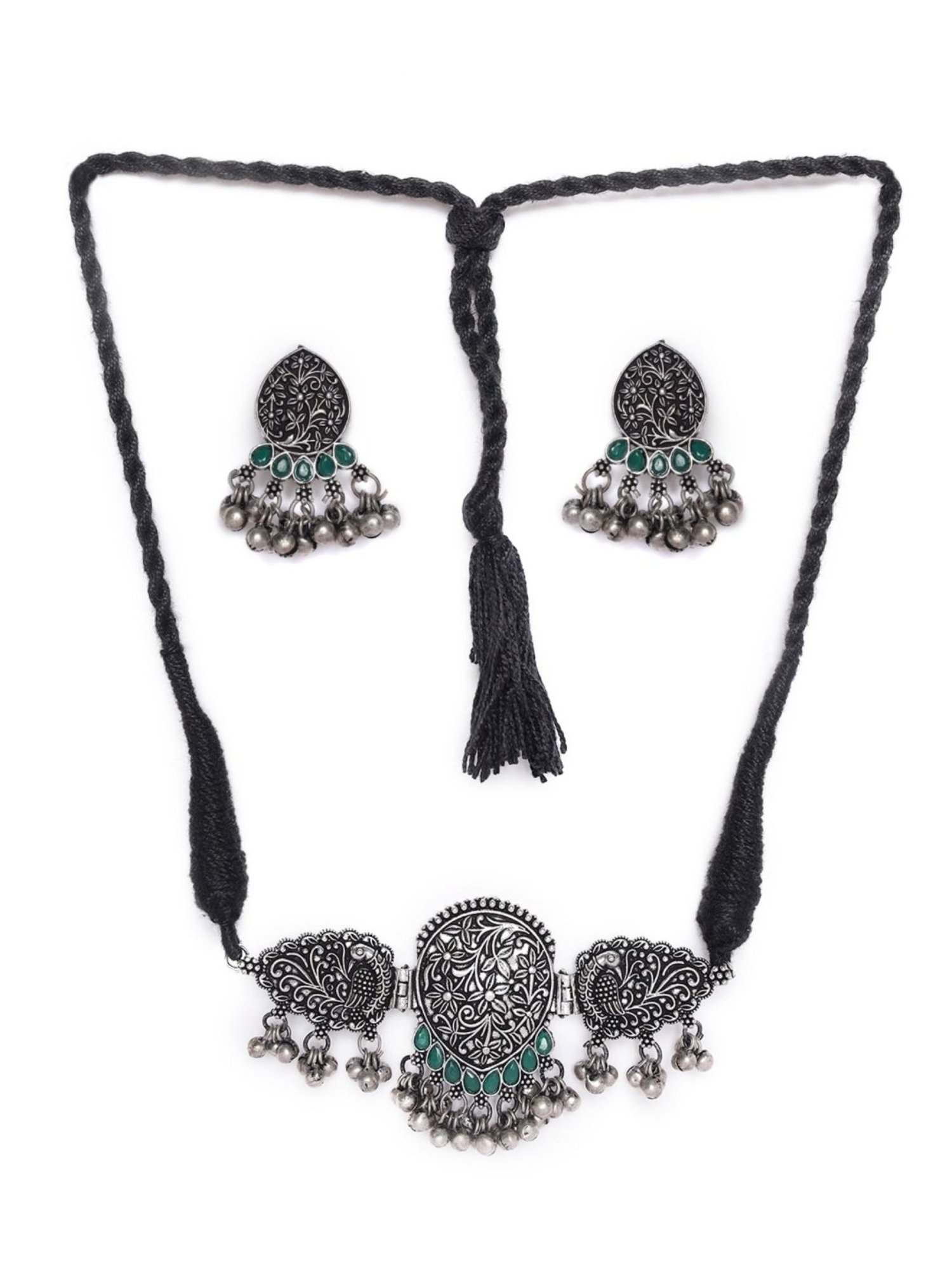 Aatmana Oxidized Silver-Plated Green Stone-Studded Peacock Shaped Necklace Set