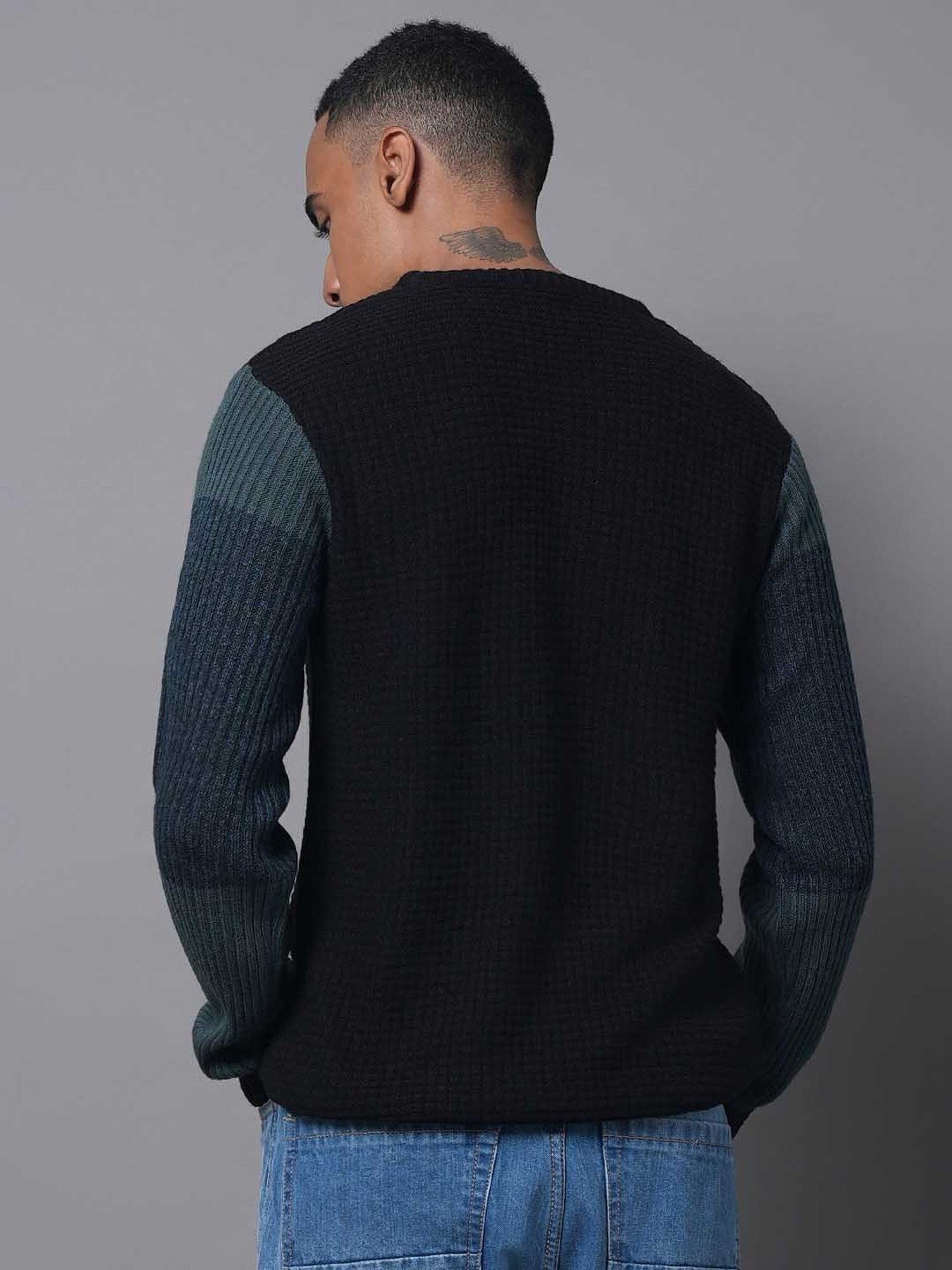 High Star Teal & Black Regular Fit Sweater