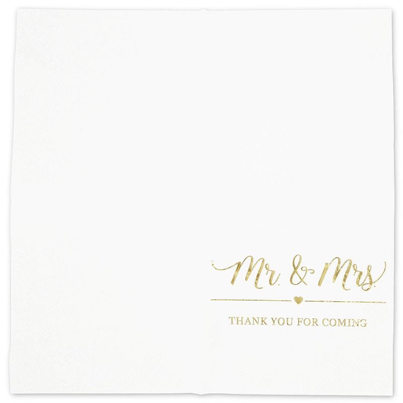 Sparkle and Bash 100x Mr Mrs Gold Foil Disposable Cocktail Napkins for Weddings Party, white 5 inch, 3 Ply