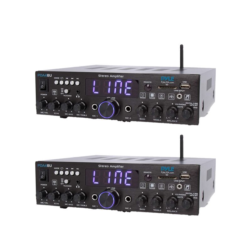 Pyle PDA4BU Bluetooth Multi Channel Home Theater Preamplifier Stereo Sound System w/ USB, AUX, 2 Microphone Inputs, and FM Radio Tuner (2 Pack)
