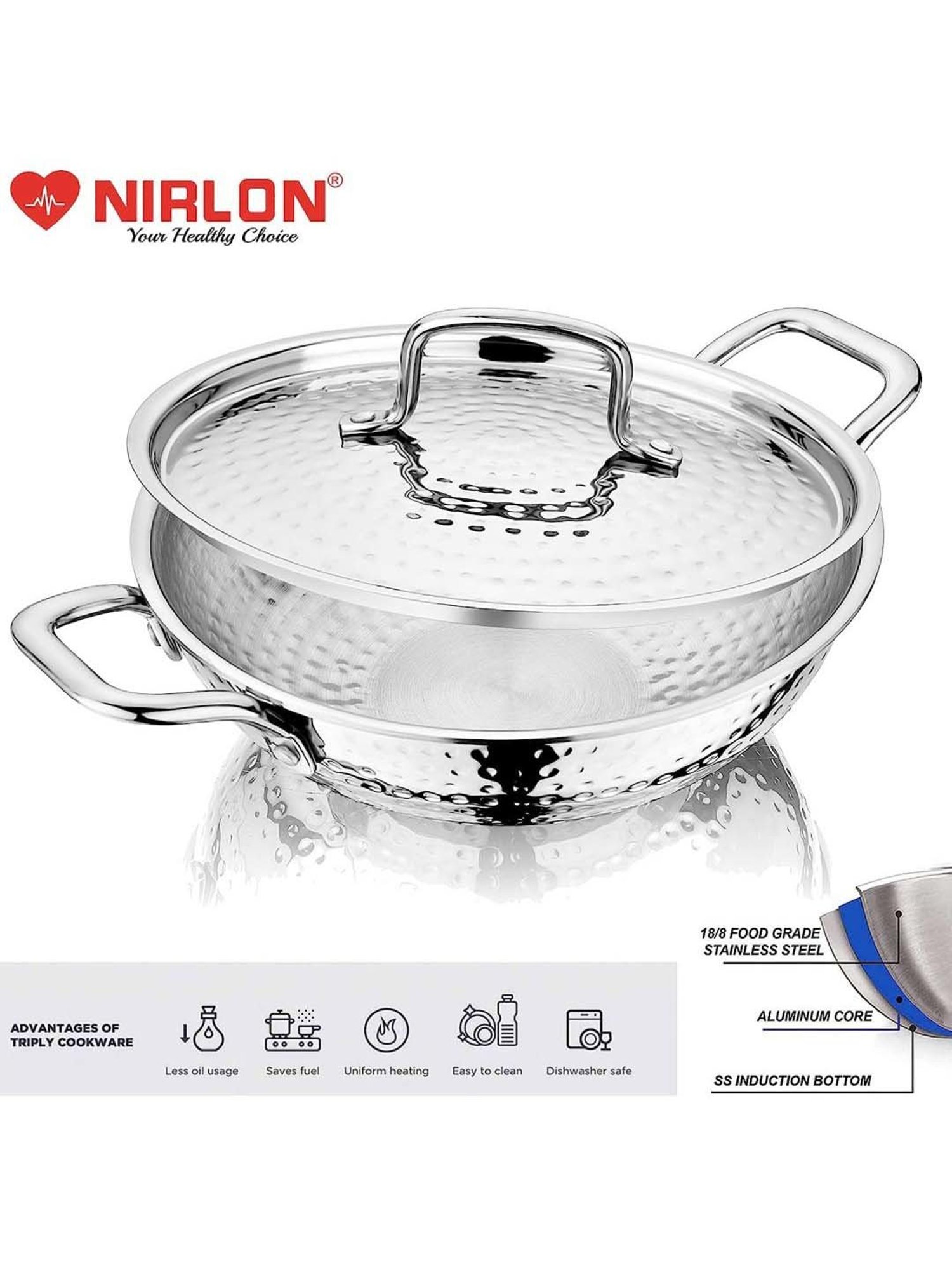 Nirlon Silver Stainless Steel 20 cm Induction & Gas Hammered Tri-Ply Deep Kadhai With Lid (1.5 L)