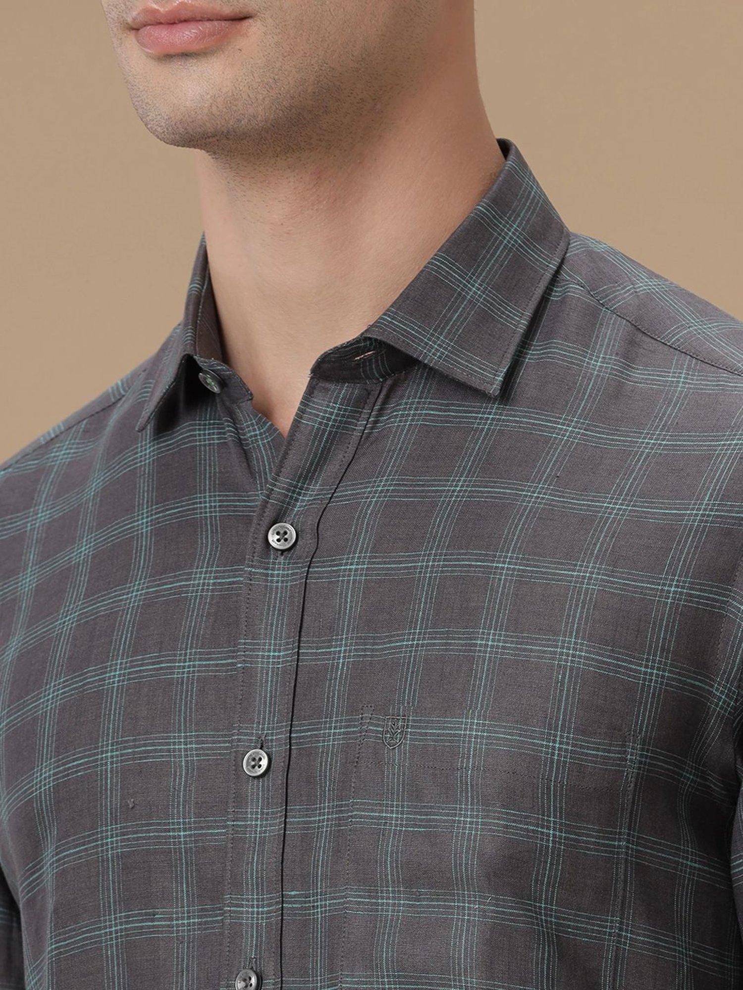 Linen Club Grey Linen Contemporary Fit Checks Shirt