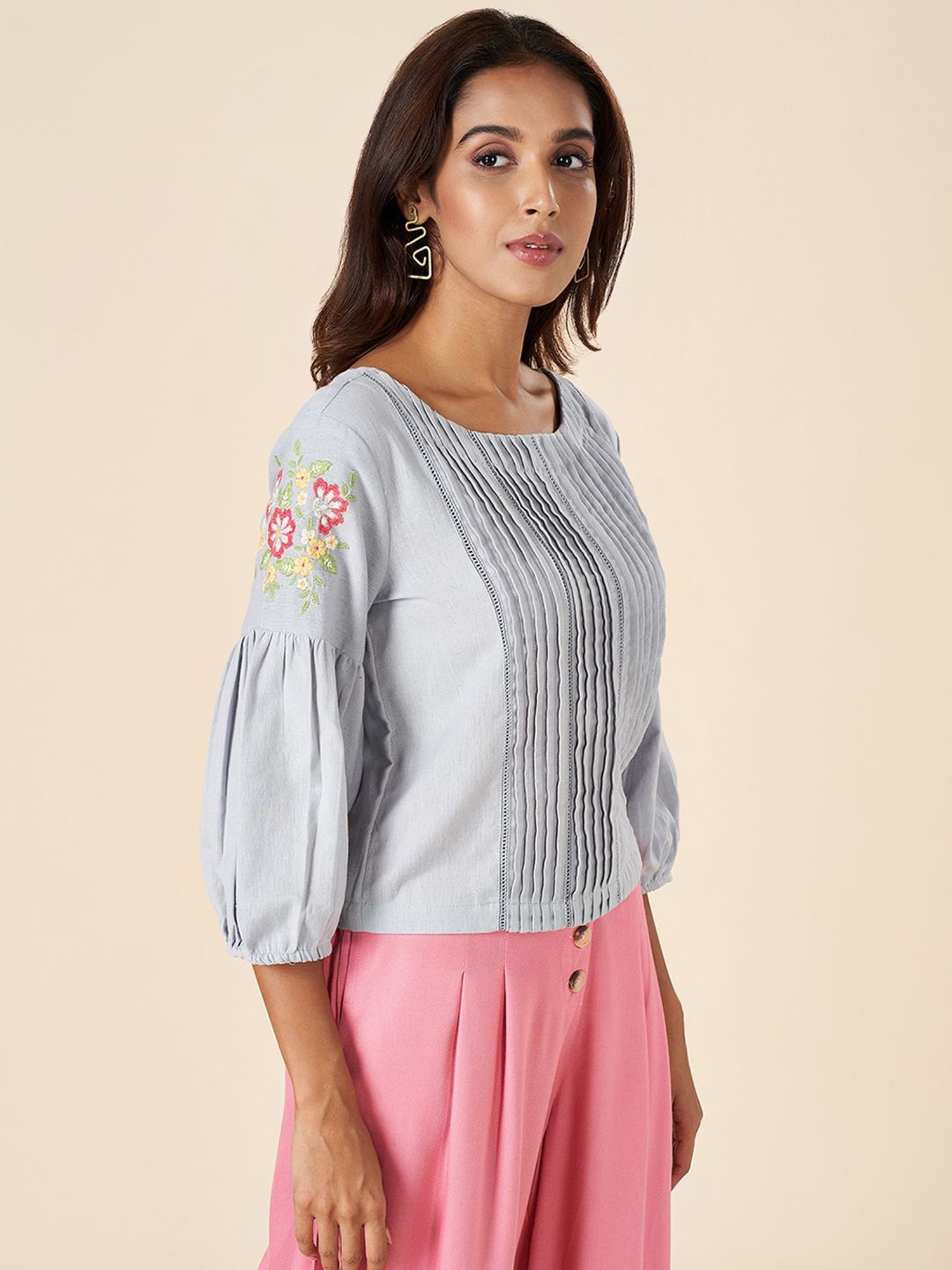 Akkriti by Pantaloons Grey Cotton Embroidered Top