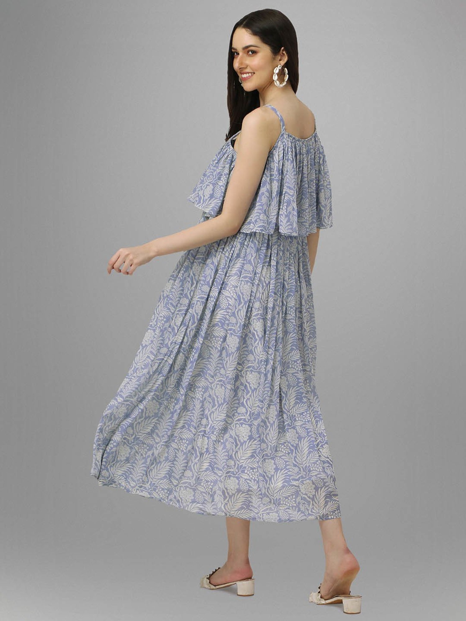 MASAKALI.CO Powder Blue Floral Print Midi Dress