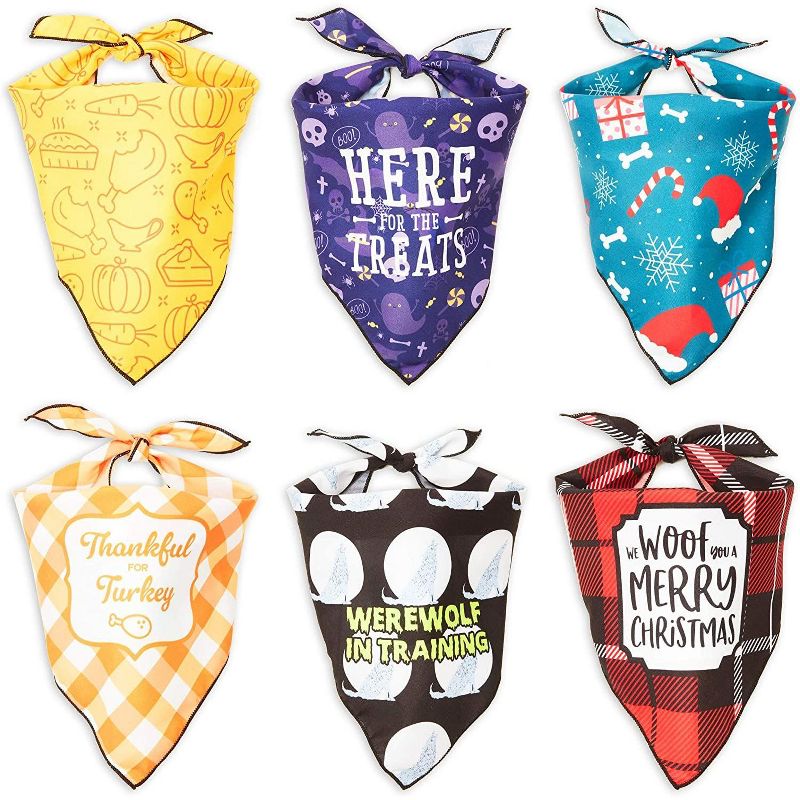 6-Pack Assorted Pet Bandana for Dogs and Cats, One Size Fits Most Medium to Large, Holiday Design (25.25" x 12.5")