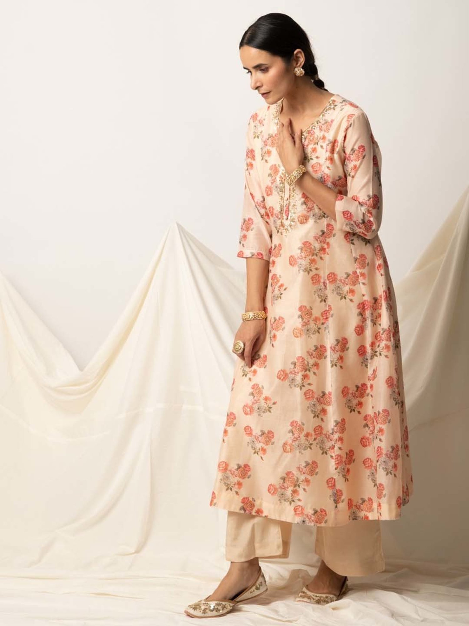Ekohum Butter Yellow Floral Print A-Line Kurta
