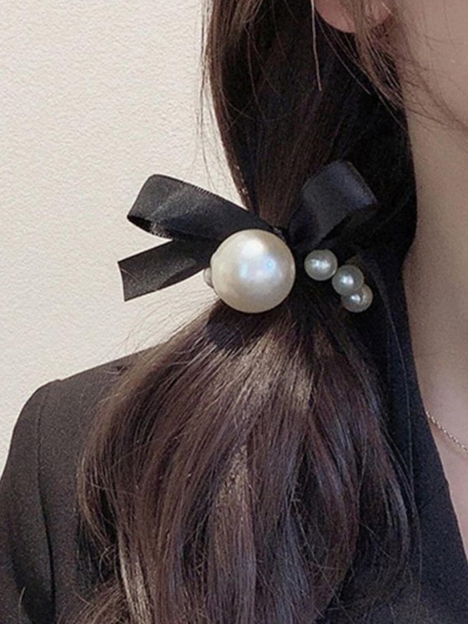 OOMPH Combo of 2 Black Nylon Big Pearl Rubber Band Ponytail Holder Stylish Latest