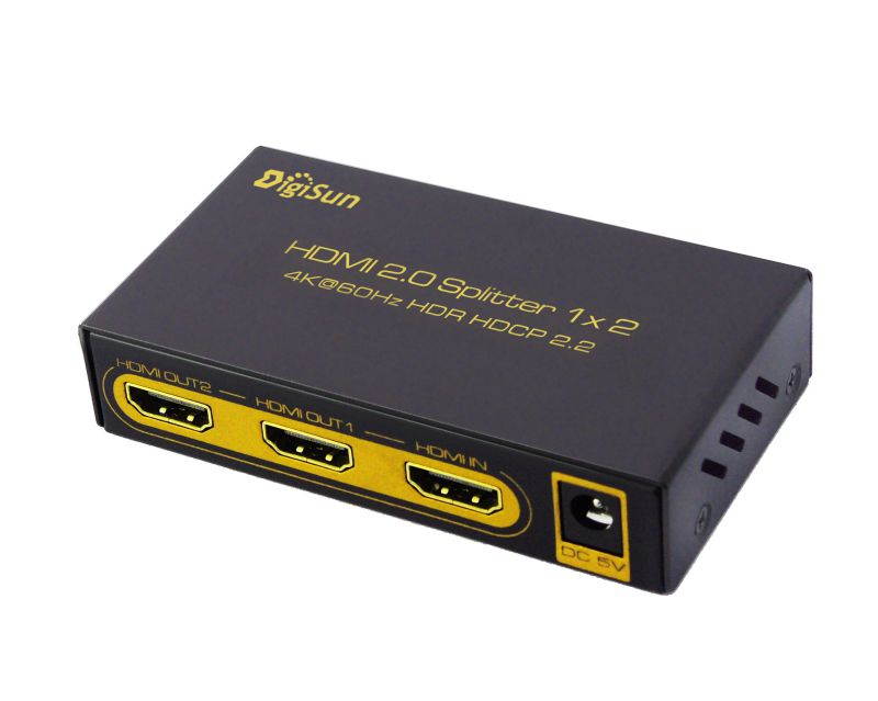 DigiSun UH812 HDMI 2.0 1x2 Splitter, HDMI 1 in 2 out, Support up to 4K@60Hz, HDCP 2.2 and HDR, compatible with HDMI 1.4/1.3/1.2/1.0