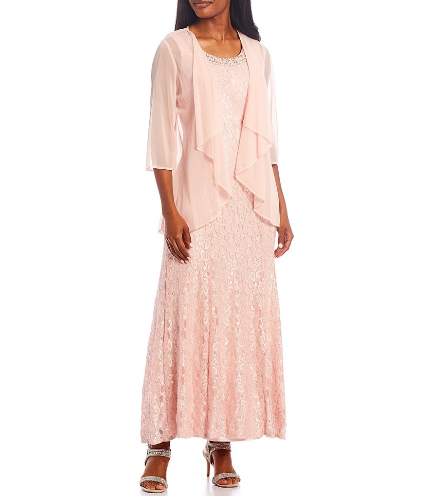 R & M Richards Glitter Lace Beaded Neck 2-Piece Jacket Gown