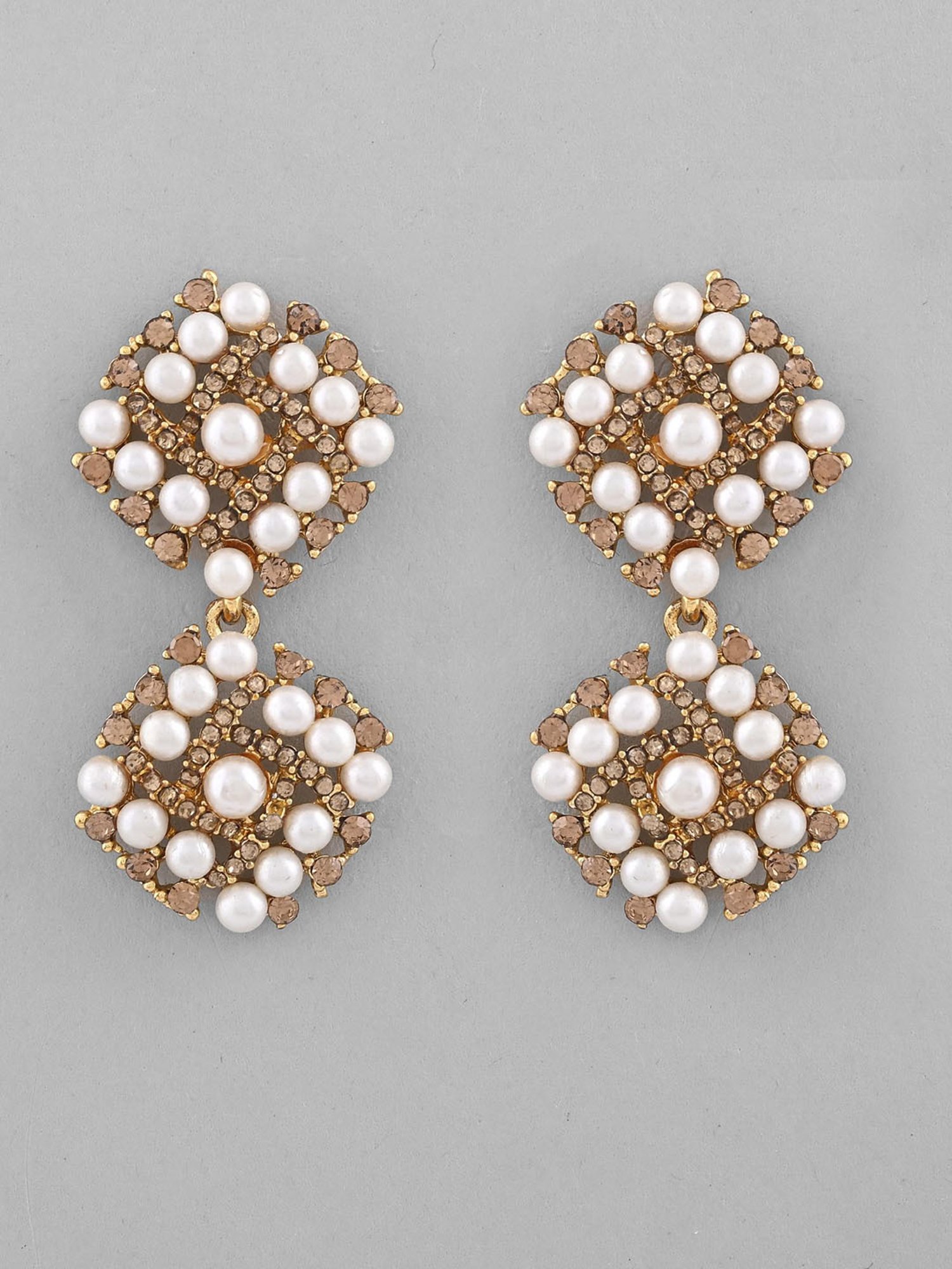 VOJ Gold Plated Pearl and Gold Stone Drop Stud Earrings for Women