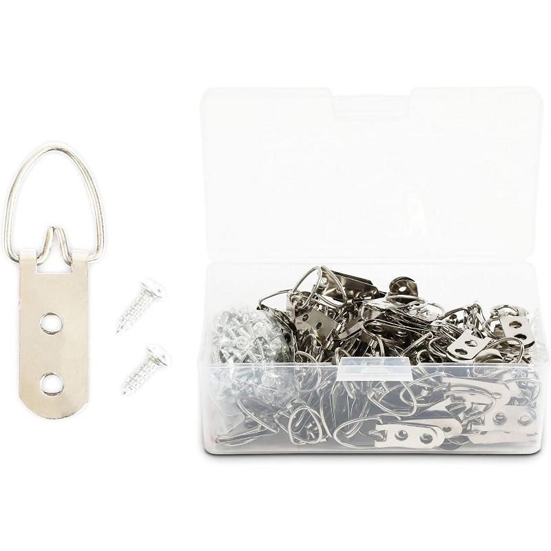 100-Pack 2" D Ring Iron Picture Hangers Hooks with 200 screws for Photo Frames, Silver