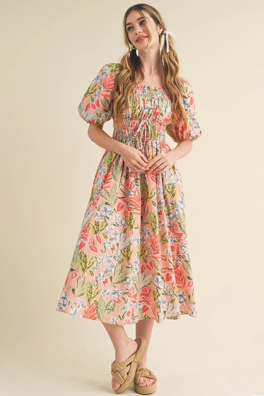 Apricot Pink Floral Knot Front Smocked Bubble Sleeve Dress