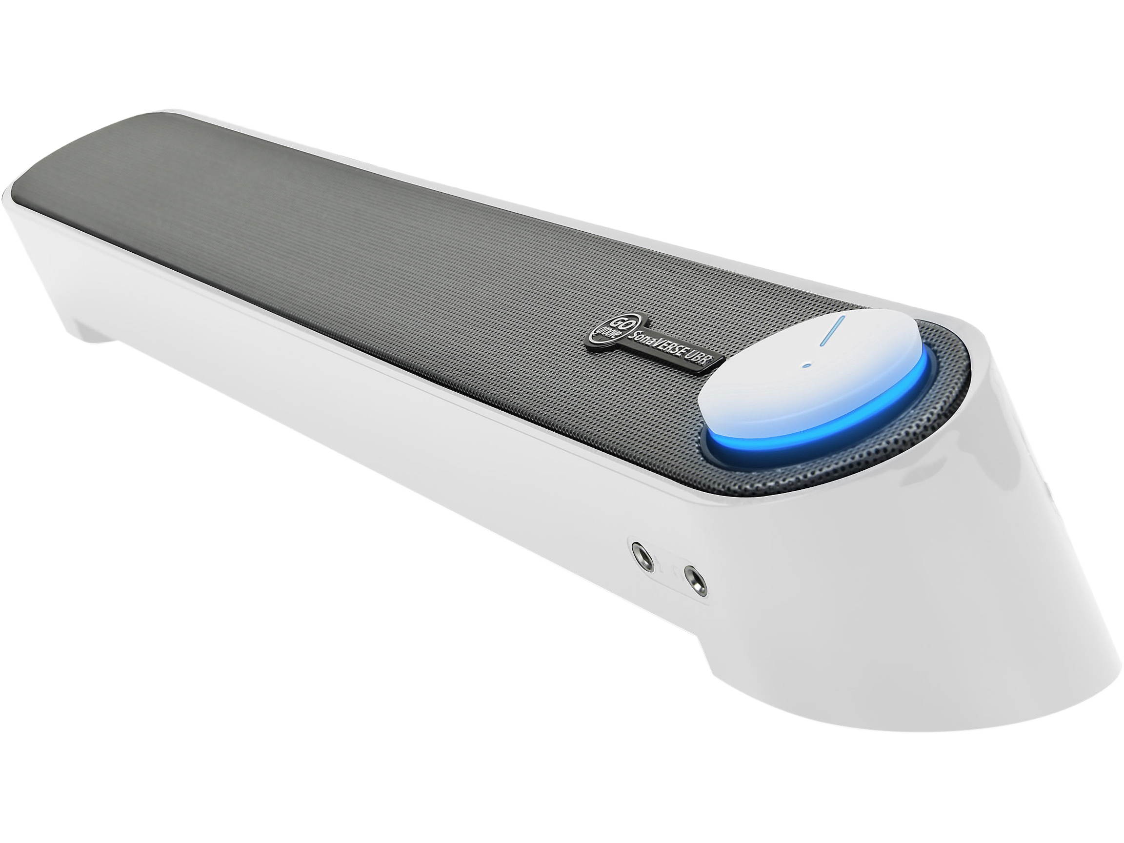 Desktop Computer Sound Bar Speaker w/ Easy Access Headphone & Mic Jacks by GOgroove - SonaVERSE UBR (White) - USB Powered, LED accents, Compact 16.5" Length, Angled Design - Ideal for Small Desks