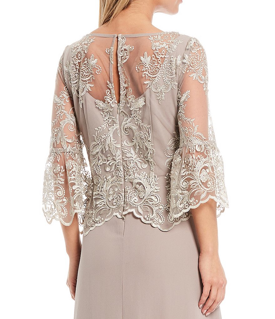 Le Bos A-Line 3/4 Bell Sleeve Lace Popover Cascade Long Gown