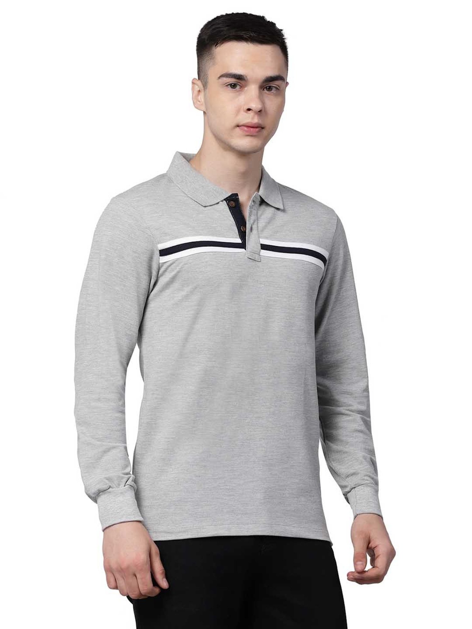 Kalt Light Grey Regular Fit Striped Polo T-Shirt