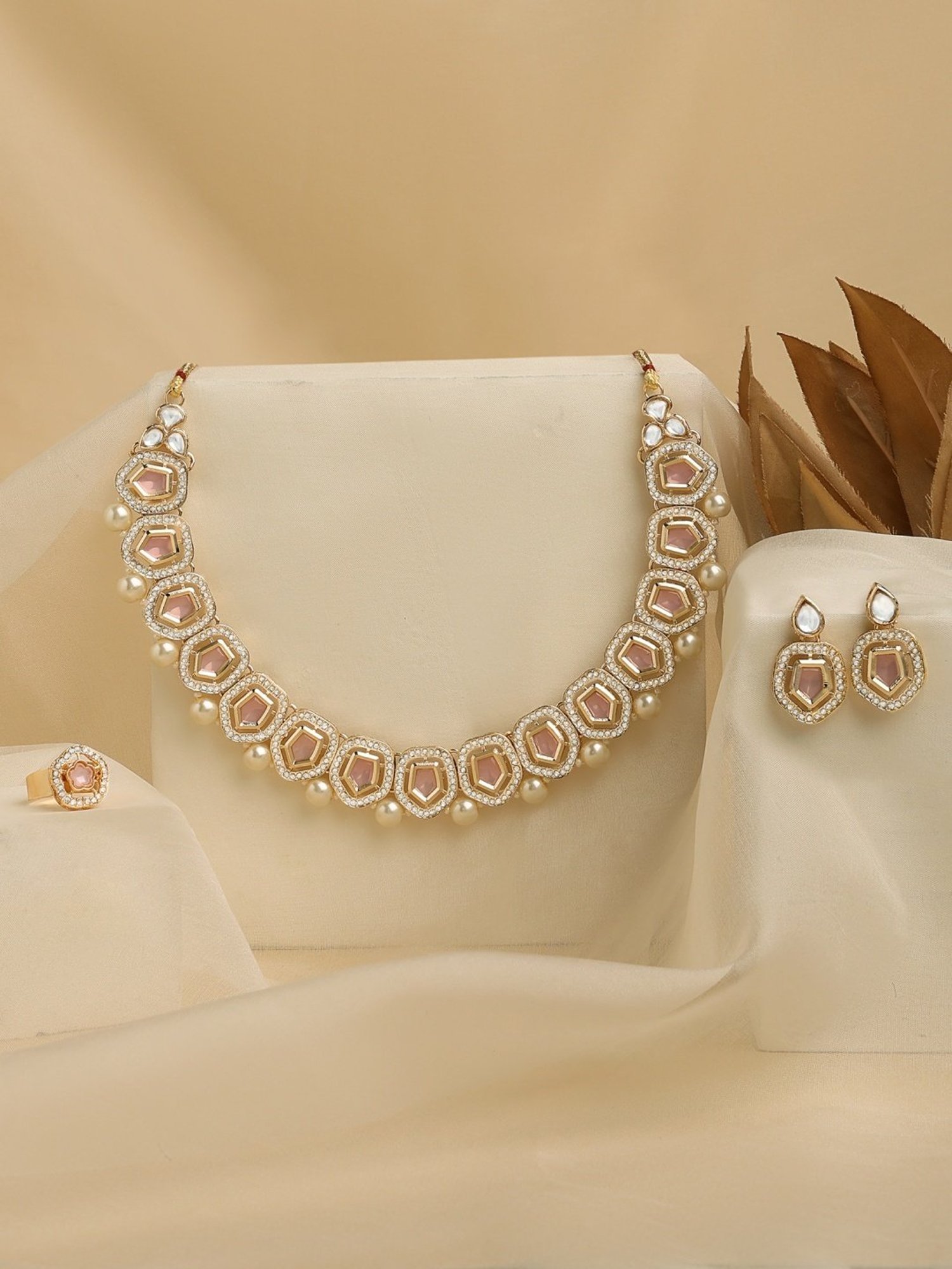 Zaveri Pearls Pink Stones Dazzling Austrian Diamonds Pearls Necklace Earring & Ring Set-ZPFK17286