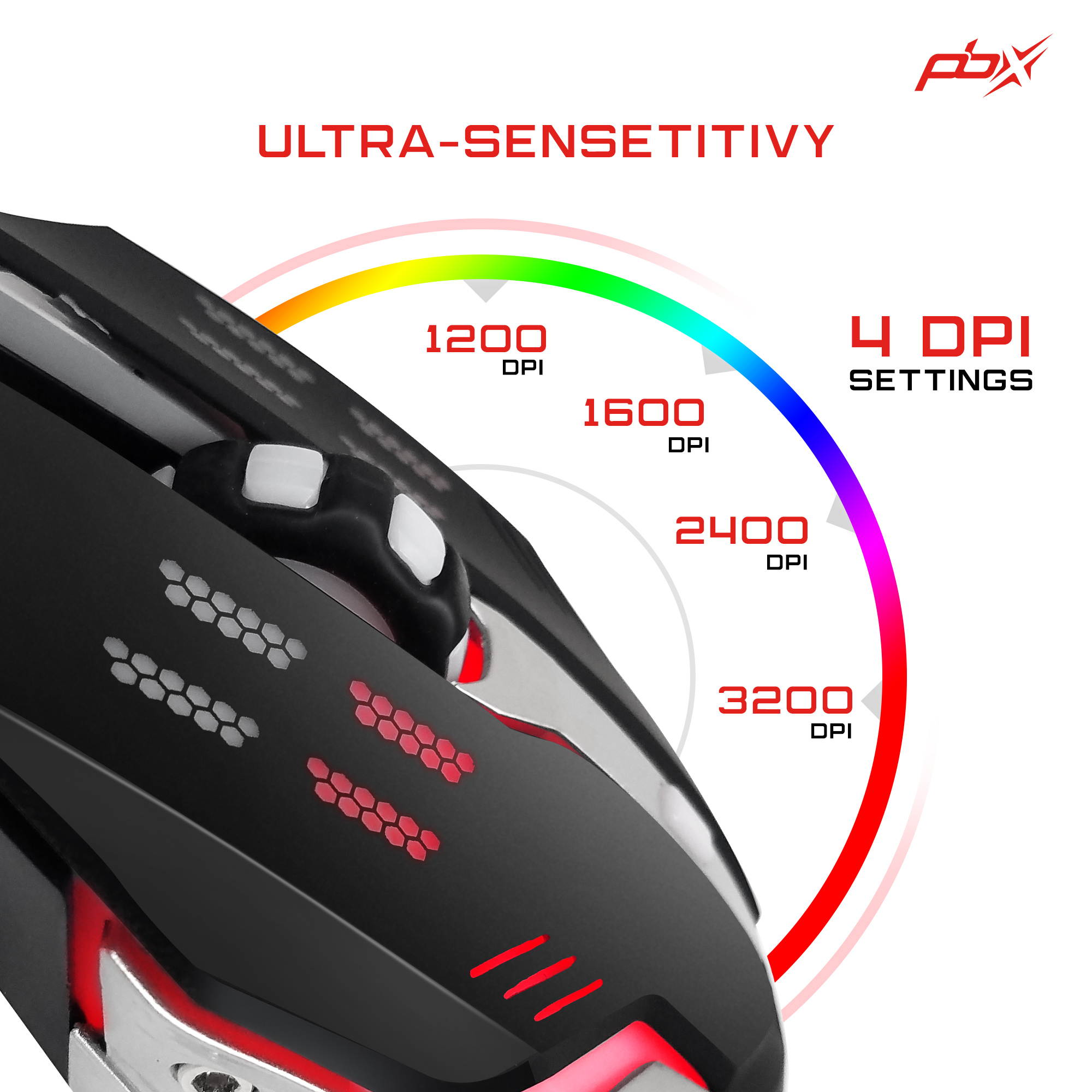 PBX Gladiator Wired Gaming Mouse - High-Precision 6D Computer Gaming Mouse - Mouse for Laptop with Adjustable DPI Settings - Corded PC Gaming Accessories for Gamers - 6' Cable, 4 LED Colored Backlight