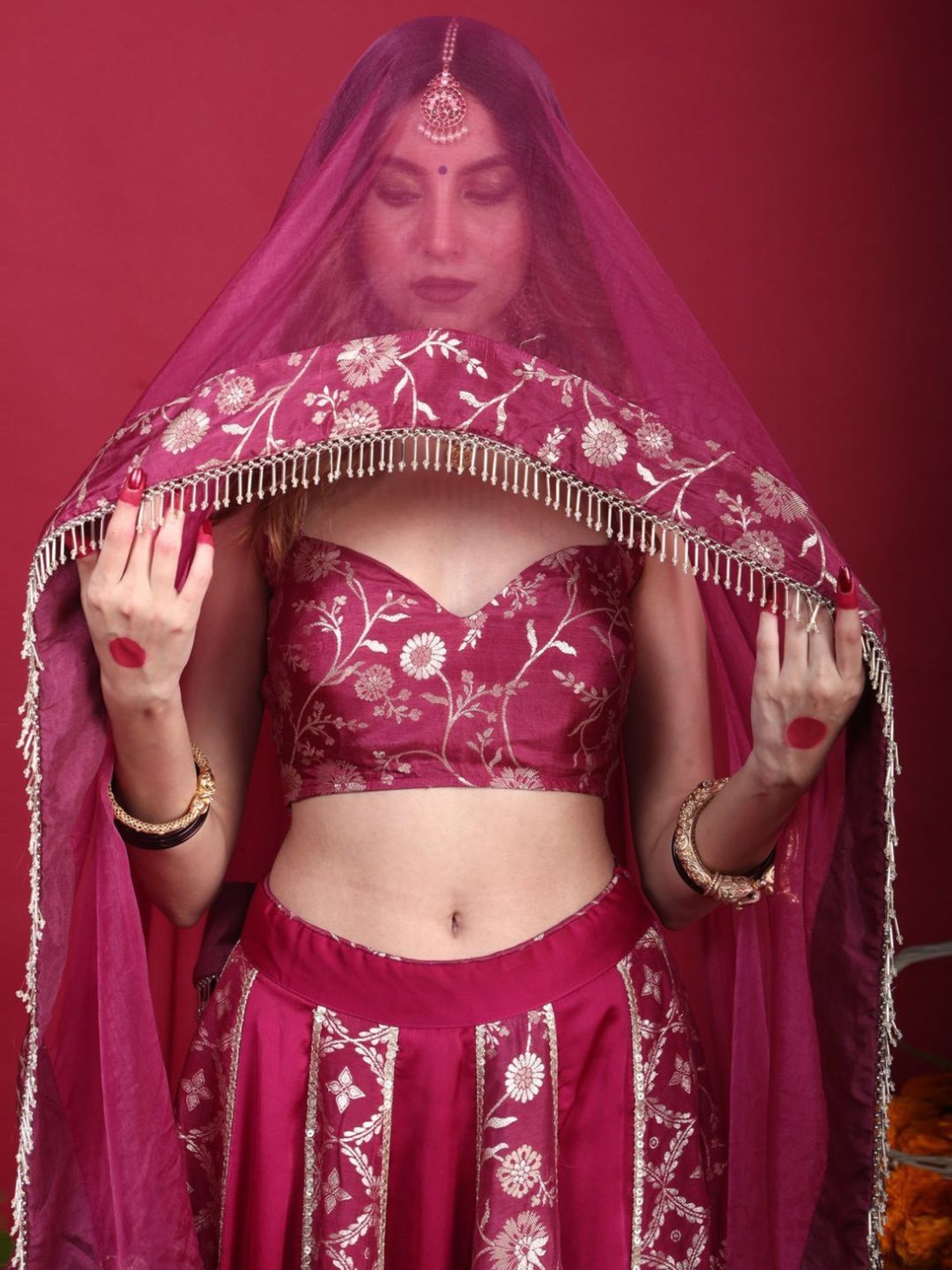 Monk and Mei Kora Kashi Plum Purple Leela-Brocade Lehenga Set
