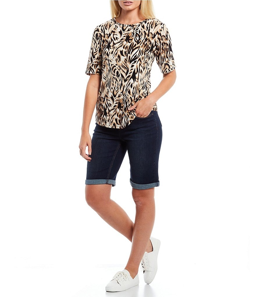 Westbound Petite Size Floral Animal Print Short Sleeve Crew Neck Cotton-Blend Tee