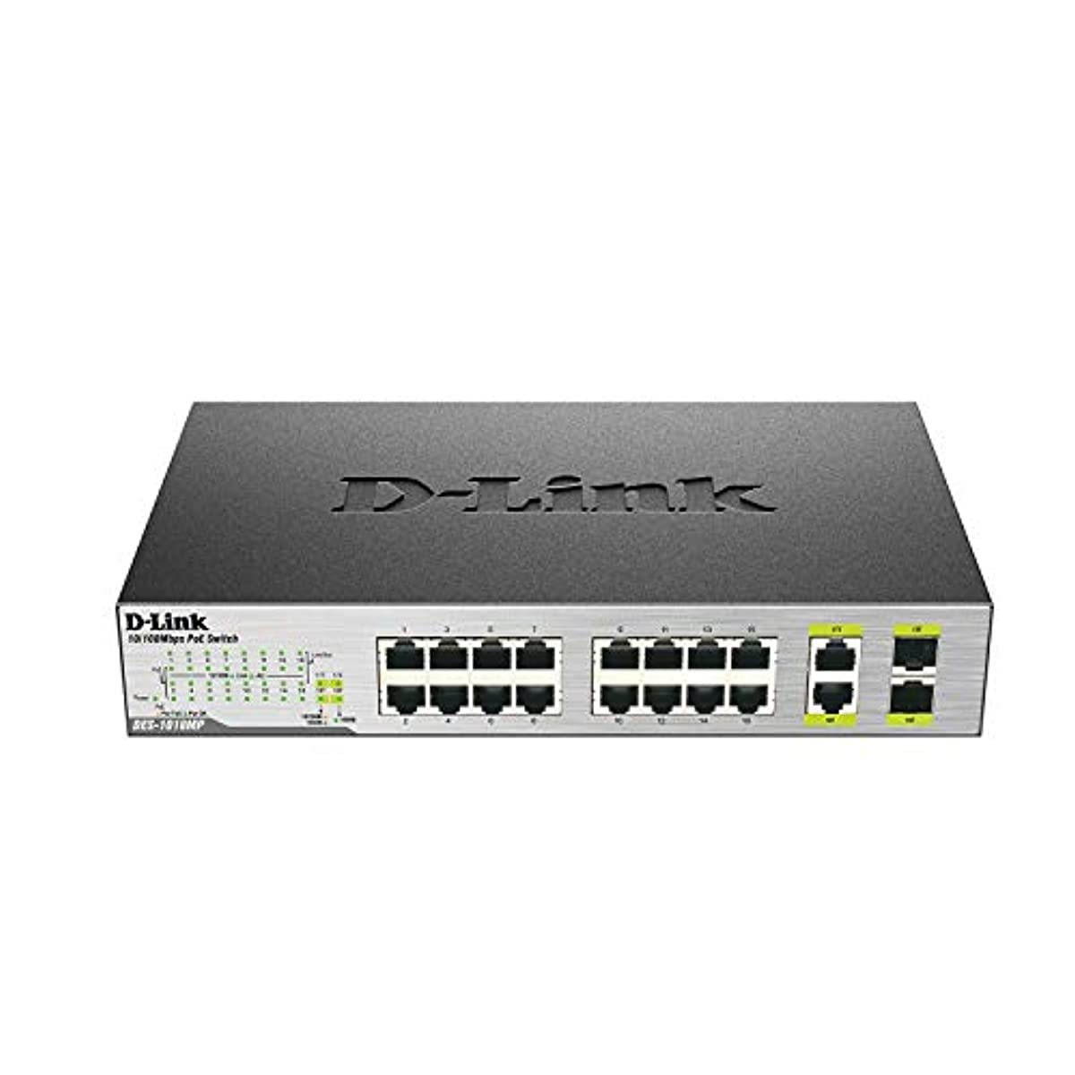 D-Link PoE Switch, 16 18 Port Ethernet Unmanaged w/ 2 1000BASE-T/SFP Gigabit Combo Port Desktop or Rackmount 10/100 246.4W PoE Budget (DES-1018MP)