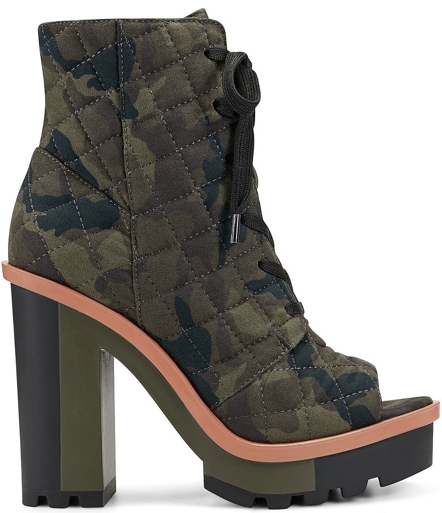 Jessica Simpson Lizzah Quilted Camo Print Peep Toe Platform Block Heel Lug Sole Booties