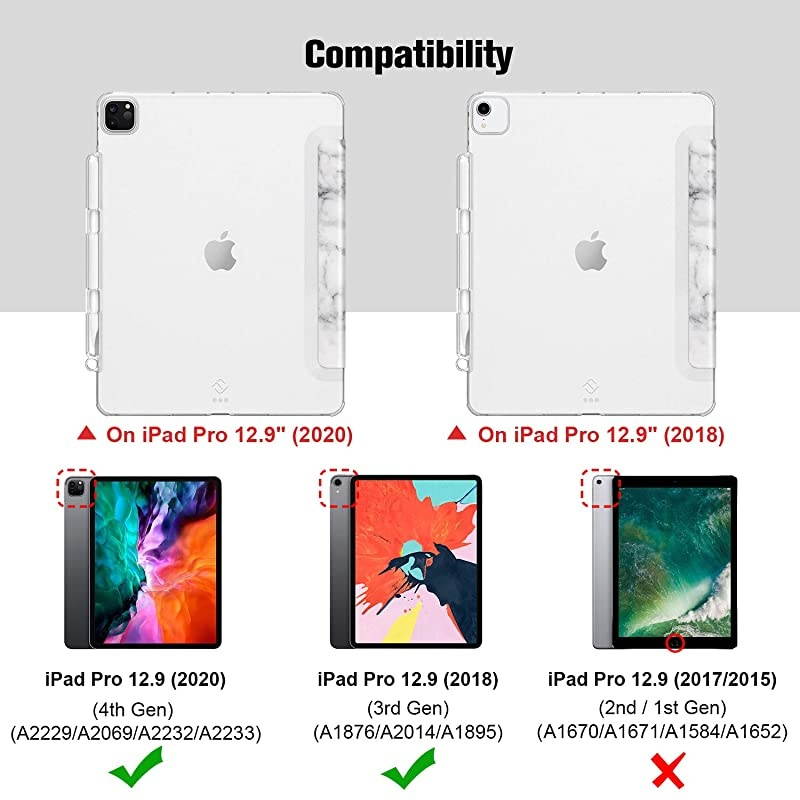 SlimShell Case for iPad Pro 12.9" 4th & 3rd Generation 2020/2018 with Pencil Holder - Lightweight Cover Translucent Frosted Stand Hard Back, Auto Wake/Sleep (Marble)