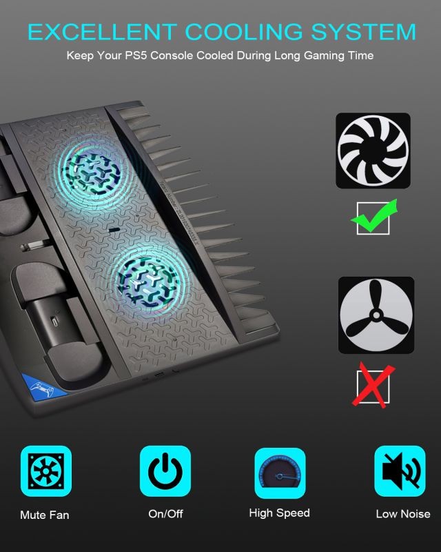 PS5 Vertical Stand with Cooling Fan Station Base & Headset Holder for Playstation 5 Console Disc Edition & Digital Edition with 2 Controllers Charger & 17 Game Disc Slots Organizer &1 Headphone Stand