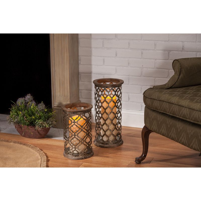 Everlasting Glow 12.99-Inch Tall Wood and Metal Flameless Candle Holder with Die-Cut Ogee Pattern