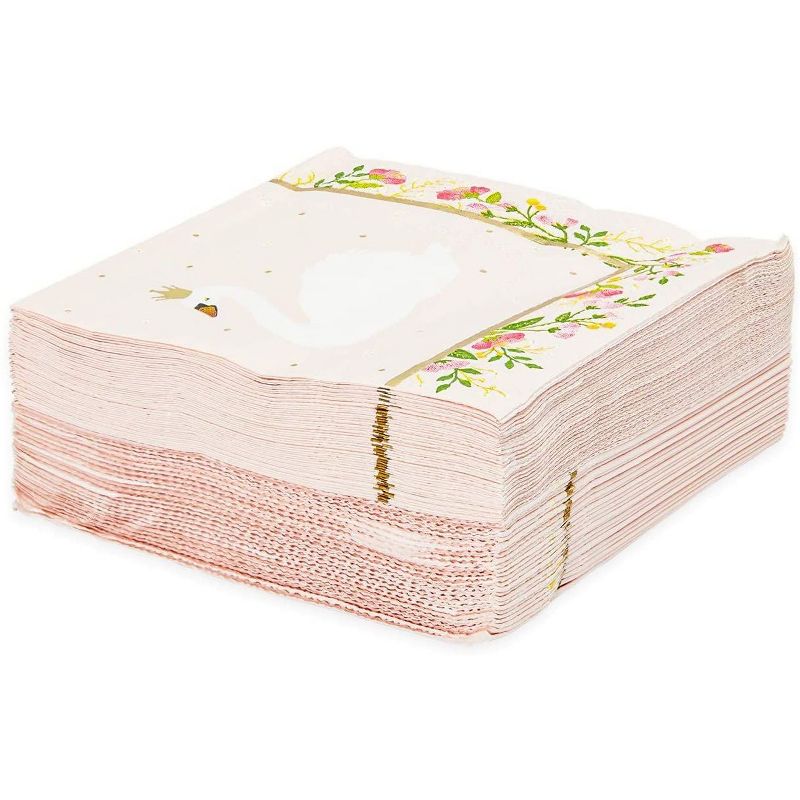 Sparkle and Bash 50-Pack Princess Swan Cocktail Disposable Napkins, Pink Floral Paper Beverage Napkin, 5"