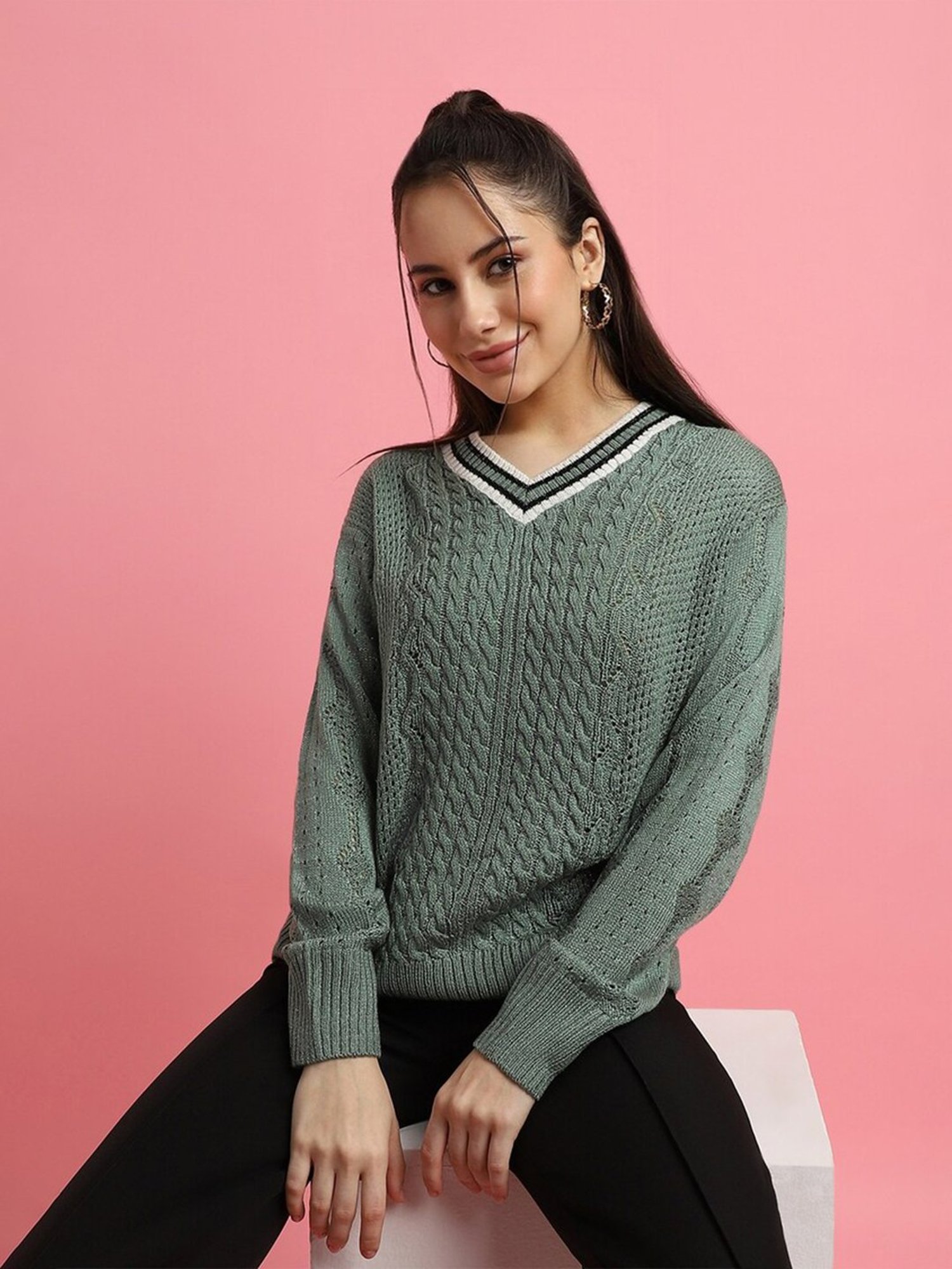 Forever 21 Sage Green Self Design Sweater