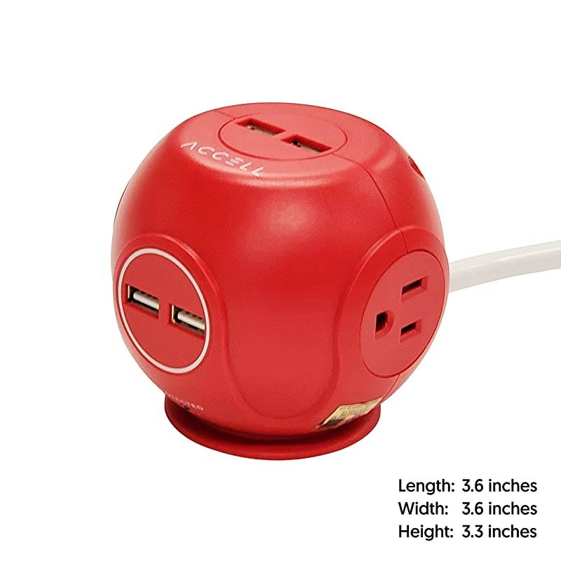 Power Cutie Compact Surge Protector with 3 Tamper Resistant 540J Surge Protected AC outlets and 4 USBA Charging Ports 6ft Cord Red