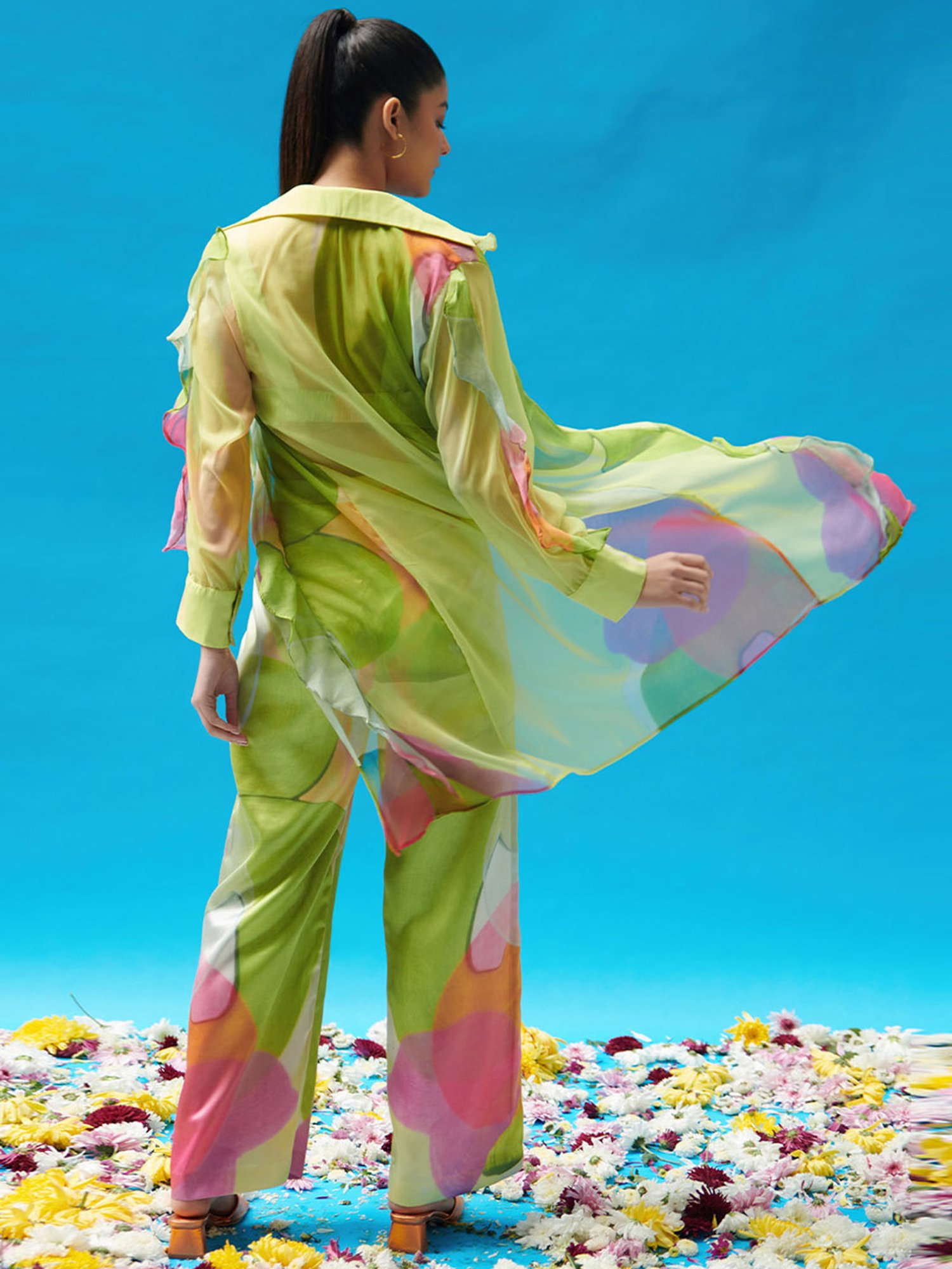 Cin Cin Ruffled Long Shrug With Brallete And Pants