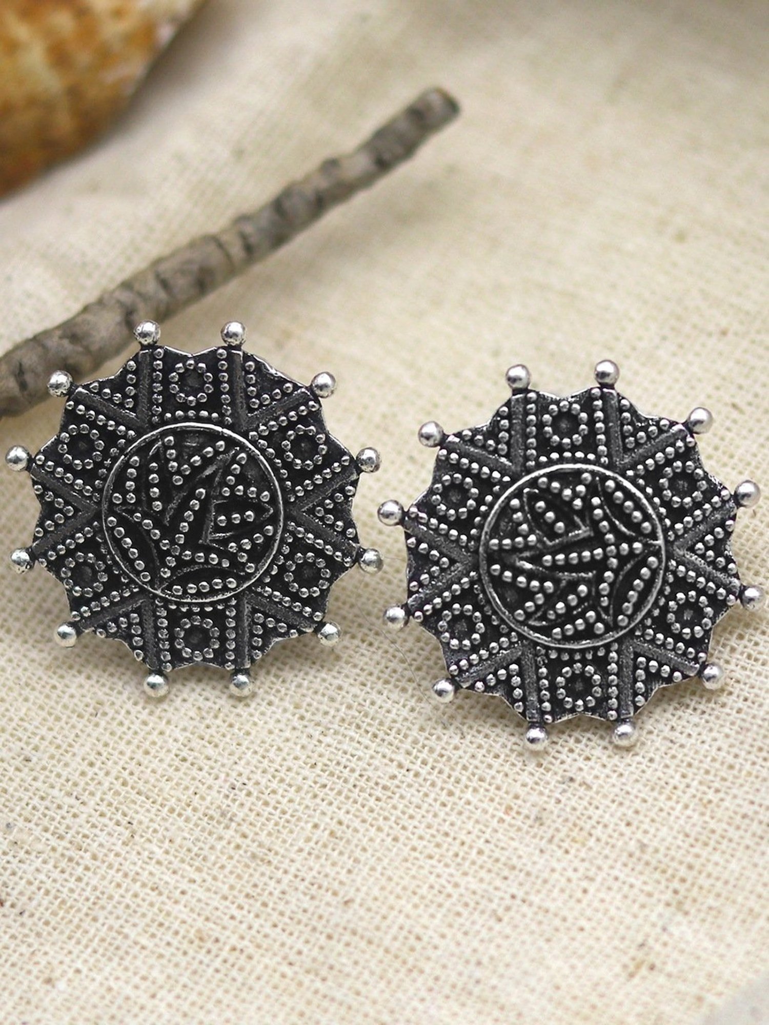 Teejh Ethnic Nagma Circle Silver Oxidized Stud Earrings